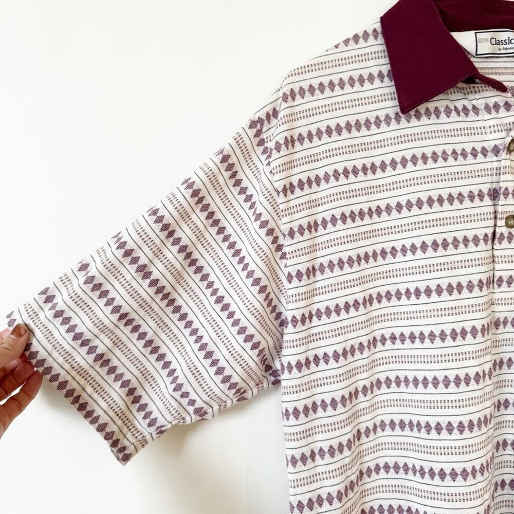 Vintage 80s Classics by Palmland Burgundy Striped Diamond Retro Polo Shirt L - Picture 3 of 6
